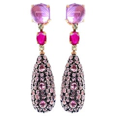 18K Yellow Gold Sapphire Ruby and Tourmaline Sleeper Earrings