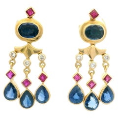 18k Yellow Gold Sapphire Ruby 
Diamond Dangle Drop Colorful Earrings