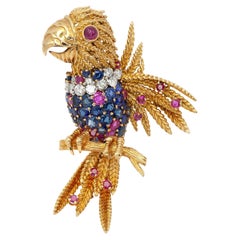 18K Yellow Gold Sapphire Ruby Diamond Parrot Brooch