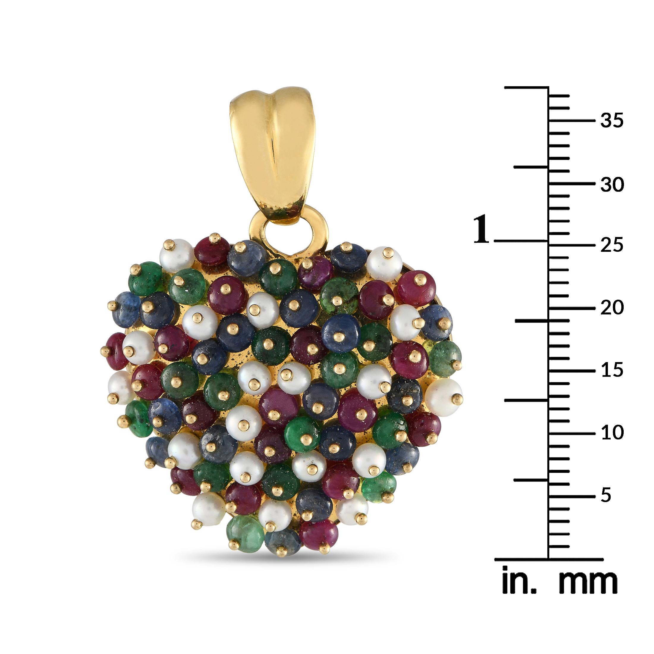 Cabochon 18K Yellow Gold Sapphire, Ruby, Emerald, and Pearl Pendant