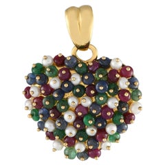 18K Yellow Gold Sapphire, Ruby, Emerald, and Pearl Pendant