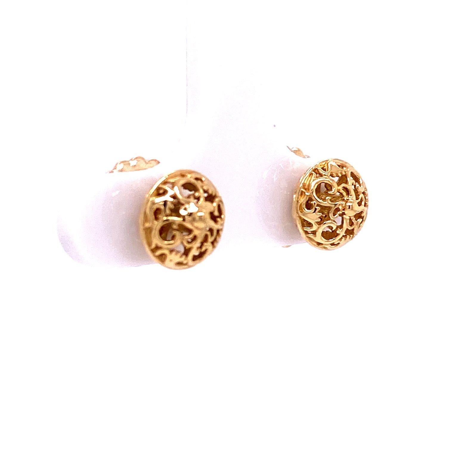 Women's 18k Yellow Gold Scroll Pattern Studs with 18k Yellow Gold White Druzy Jackets