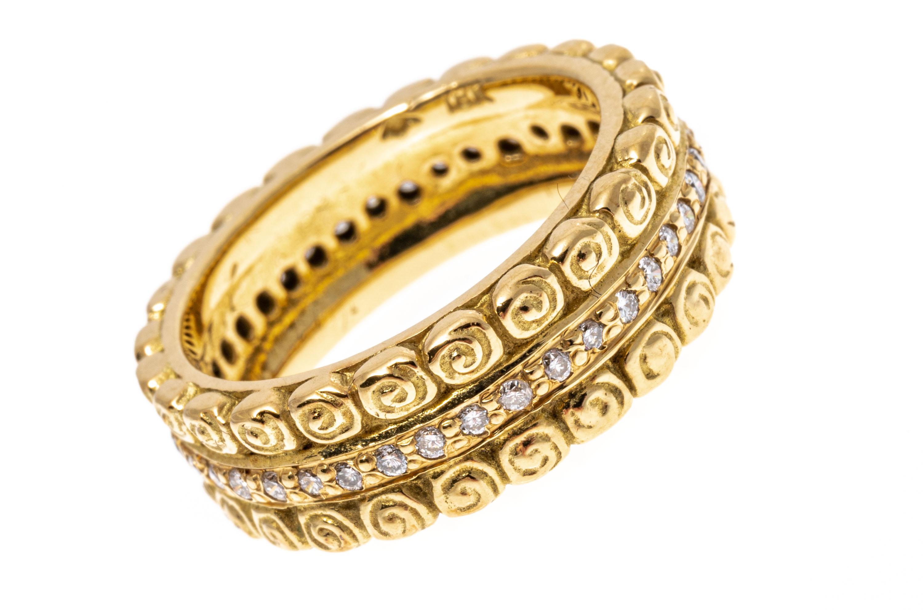 Contemporary 18k Yellow Gold Scroll Patterned Diamond Eternity Band Ring For Sale