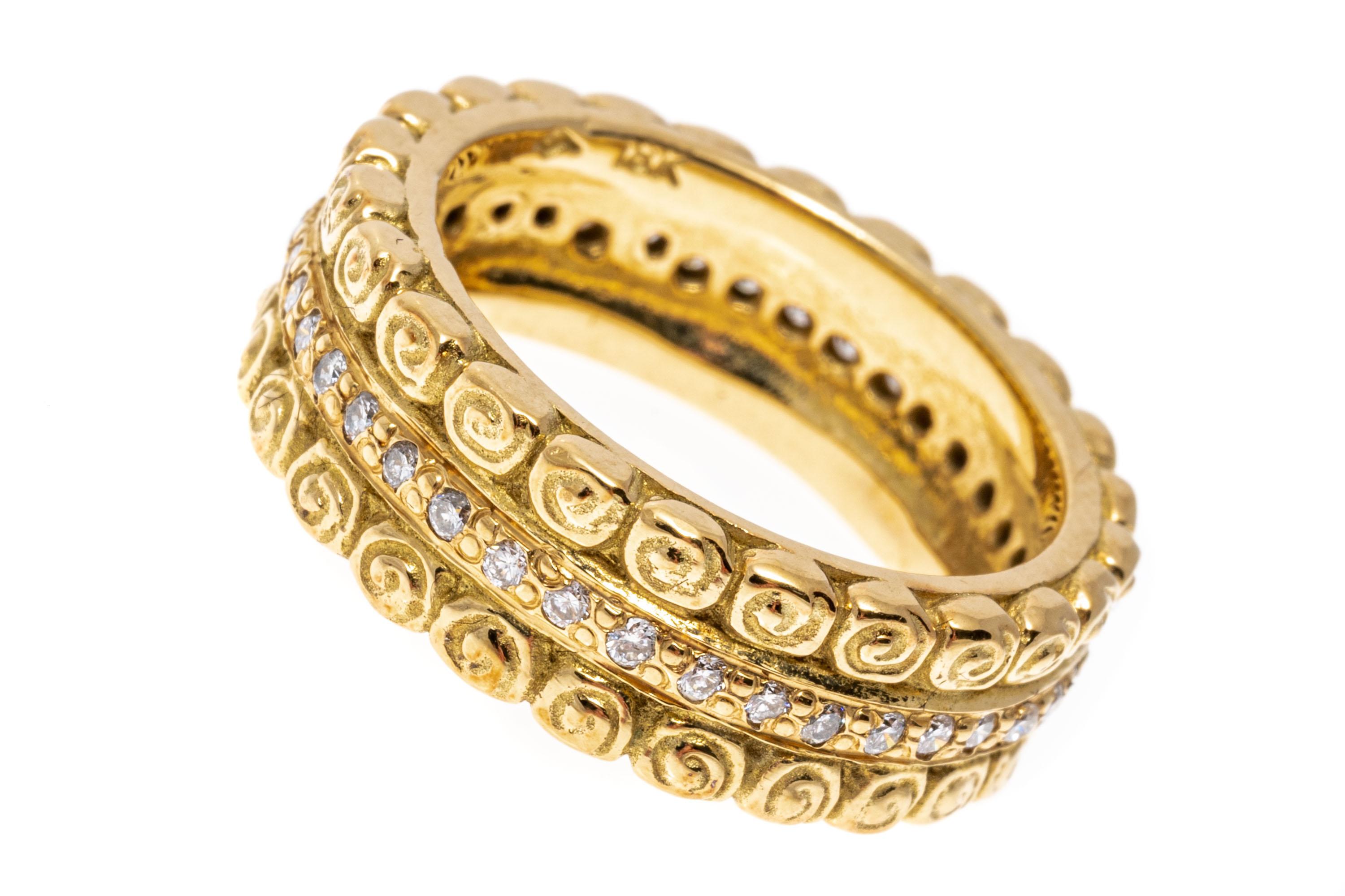18k Yellow Gold Scroll Patterned Diamond Eternity Band Ring In Good Condition For Sale In Southport, CT