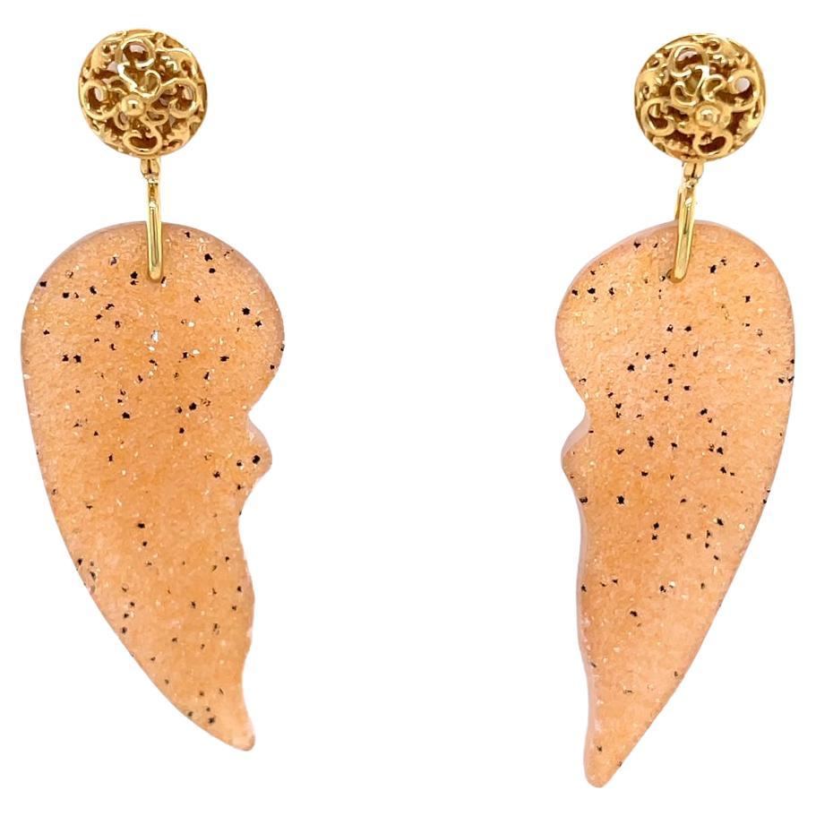 18k Yellow Gold Scroll Studs with 18k Yellow Gold Peach Druzy Wing Jackets For Sale