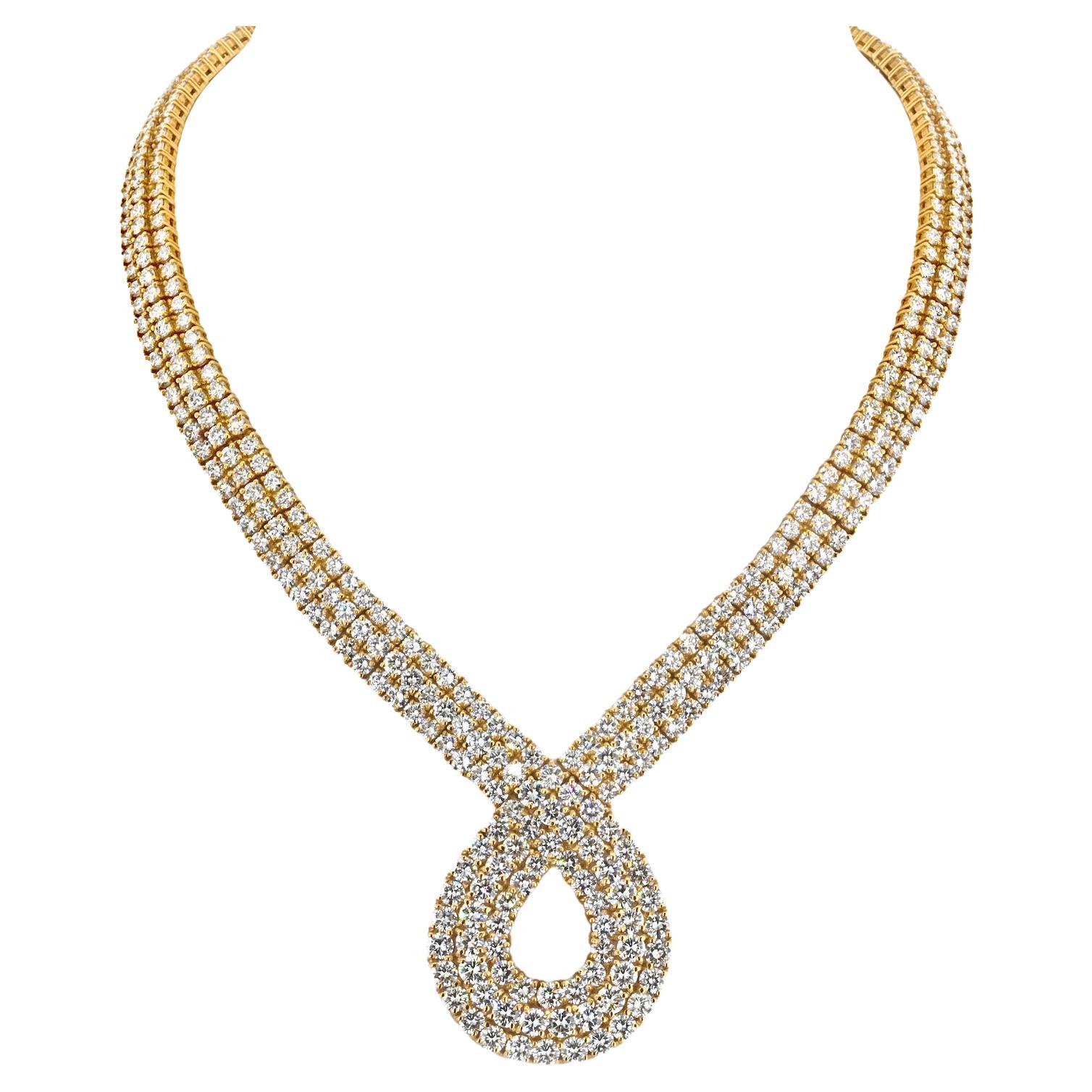 18K Yellow Gold Scrolling At The Front 48.00cttw Diamond Necklace For Sale
