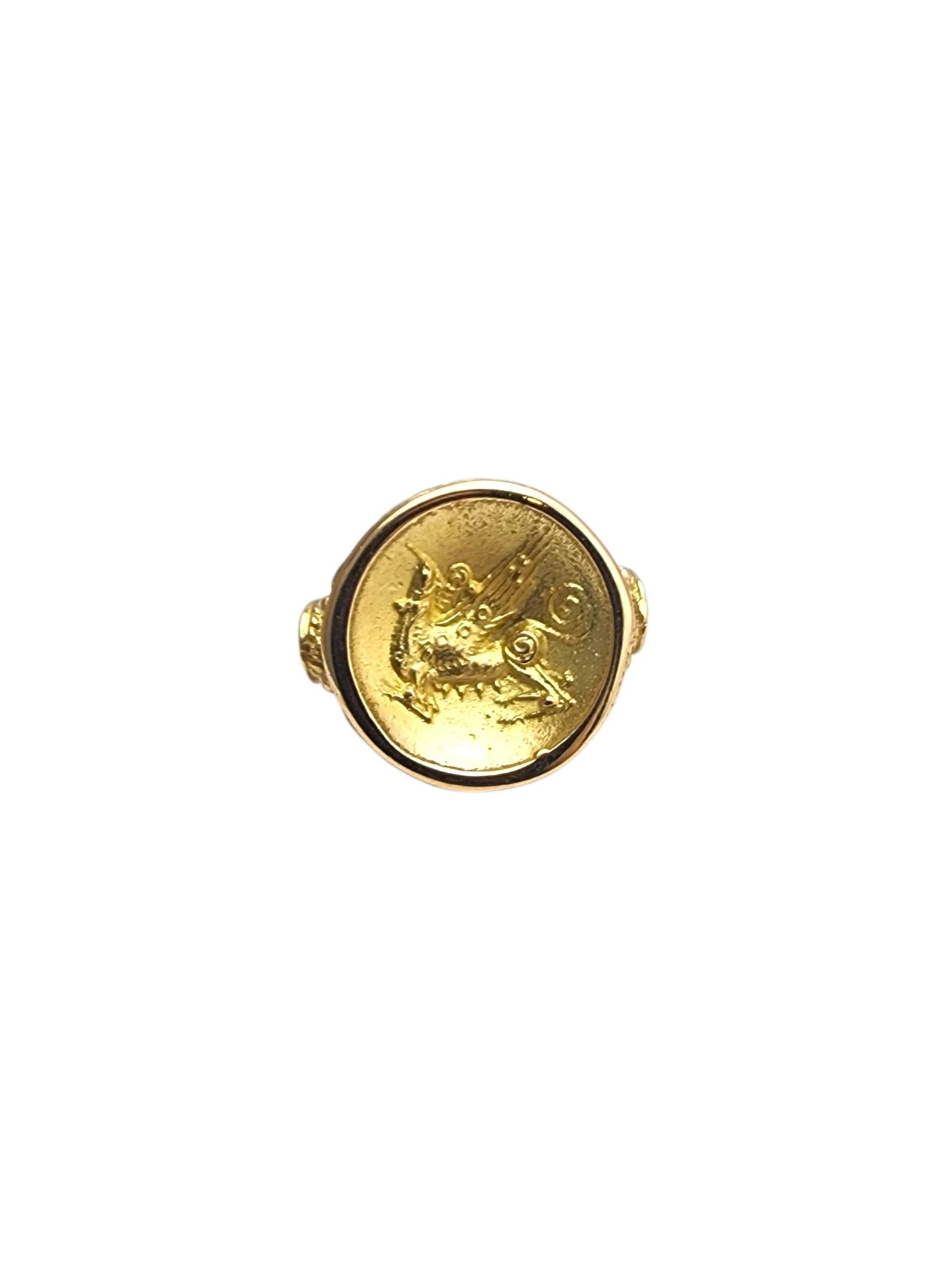 18K Yellow Gold Pegasus Ring -

Mythical and majestic, this 18K yellow gold Pegasus ring features a finely detailed depiction of the legendary winged horse, capturing strength and elegance in a bold, timeless design.

Weight: 9.2 gr. / 5.9