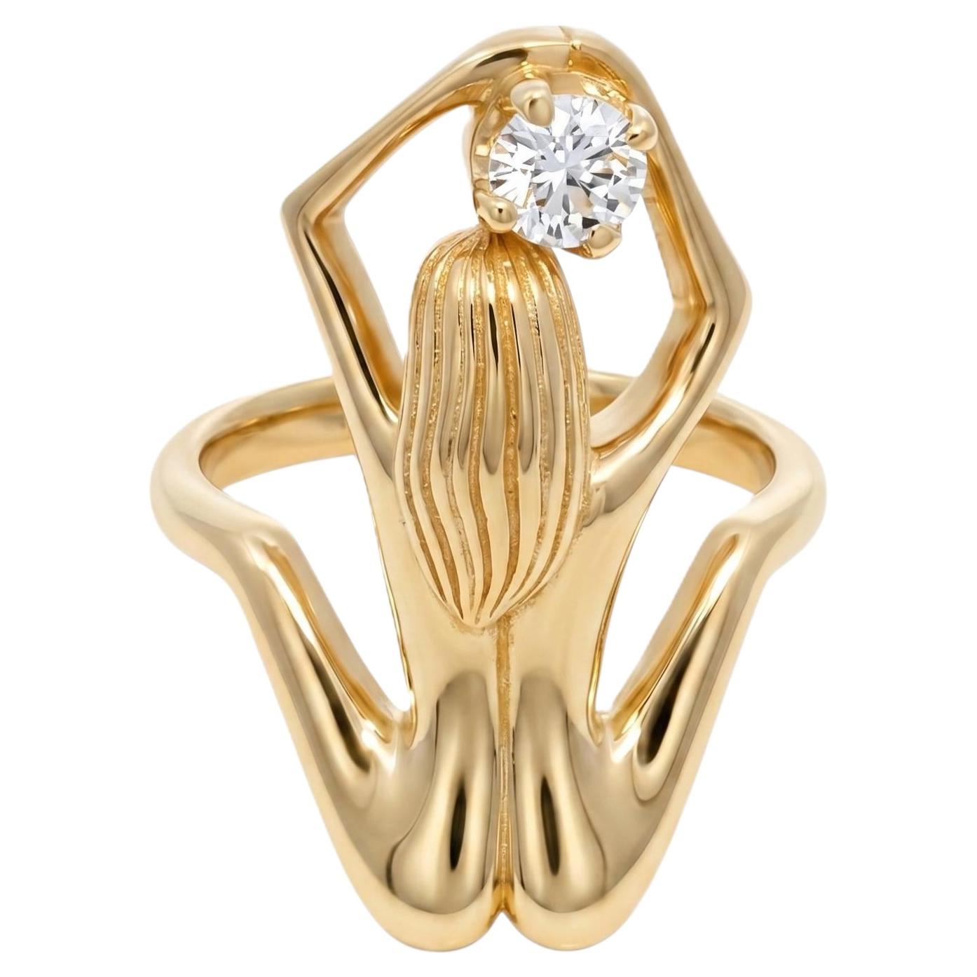 18K Yellow Gold Sculpted Female Figure Diamond Solitaire Ring For Sale