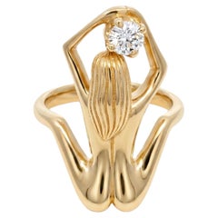 18K Yellow Gold Sculpted Female Figure Diamond Solitaire Ring