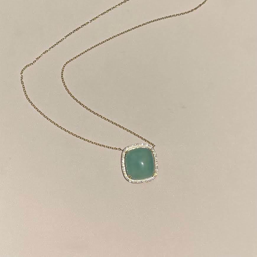 Cabochon 18k Yellow Gold Seafoam Chalcedony Necklace with a Champagne Diamond Halo For Sale