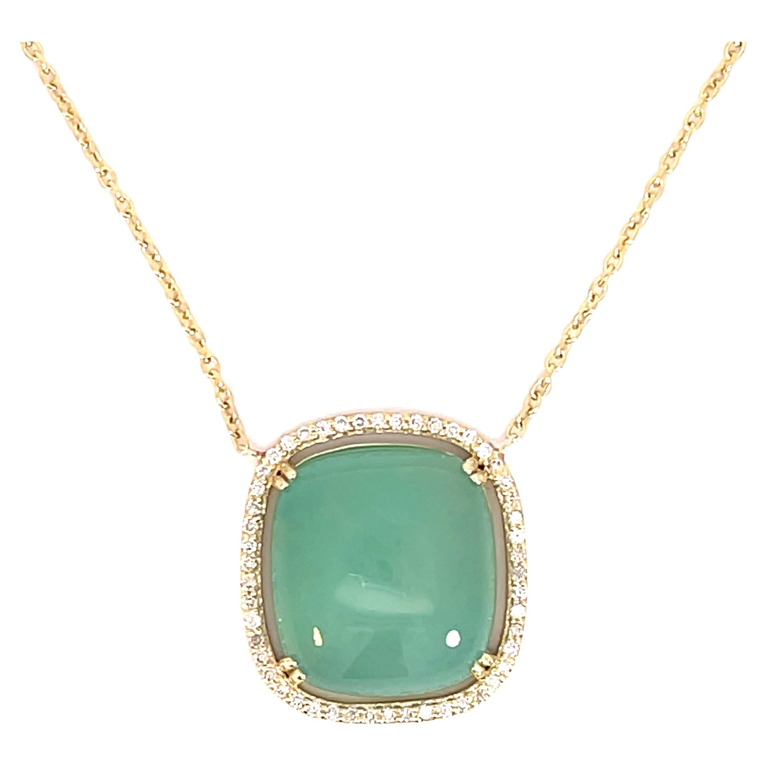18k Yellow Gold Seafoam Chalcedony Necklace with a Champagne Diamond Halo For Sale