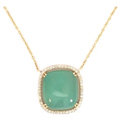 18k Yellow Gold Seafoam Chalcedony Necklace with a Champagne Diamond Halo