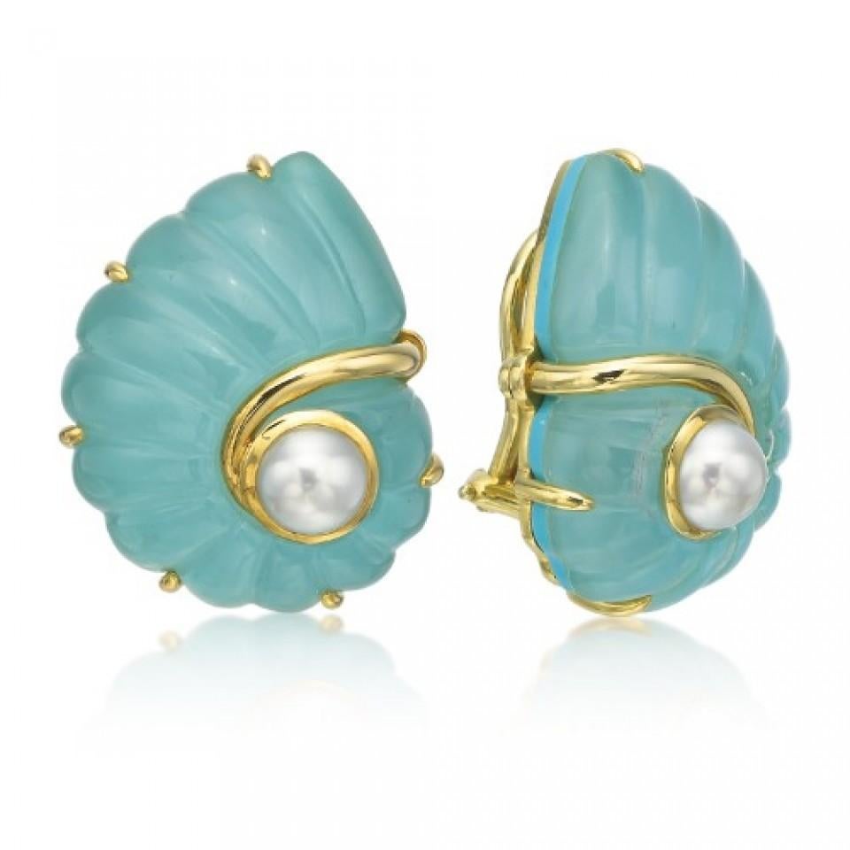 Modern 18K Yellow Gold Seaman Schepps Trianon Turquoise Crystal Pearl Earrings