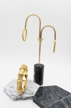 18K Yellow Gold Seamless Rope Detail Hoop Earrings & Bamboo Carved Bangle