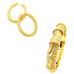 18K Yellow Gold Seamless Rope Detail Hoop Earrings & Bamboo Carved Bangle