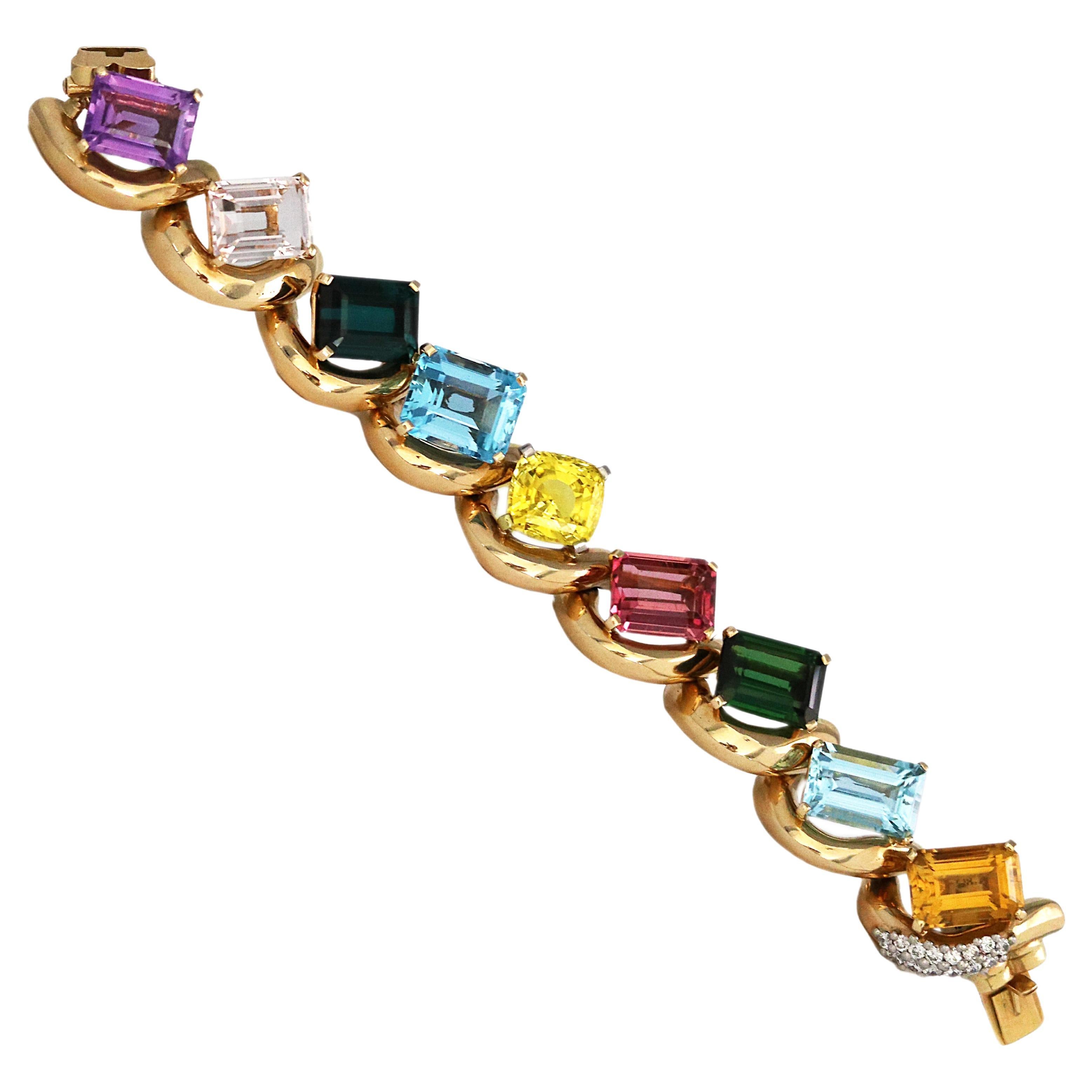 18k Yellow Gold Semi-Precious Gemstone Link Bracelet For Sale