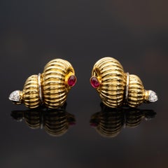 18K Yellow Gold Shell Earrings with Ruby and Diamonds