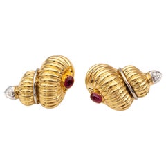 18K Yellow Gold Shell Earrings with Ruby and Diamonds