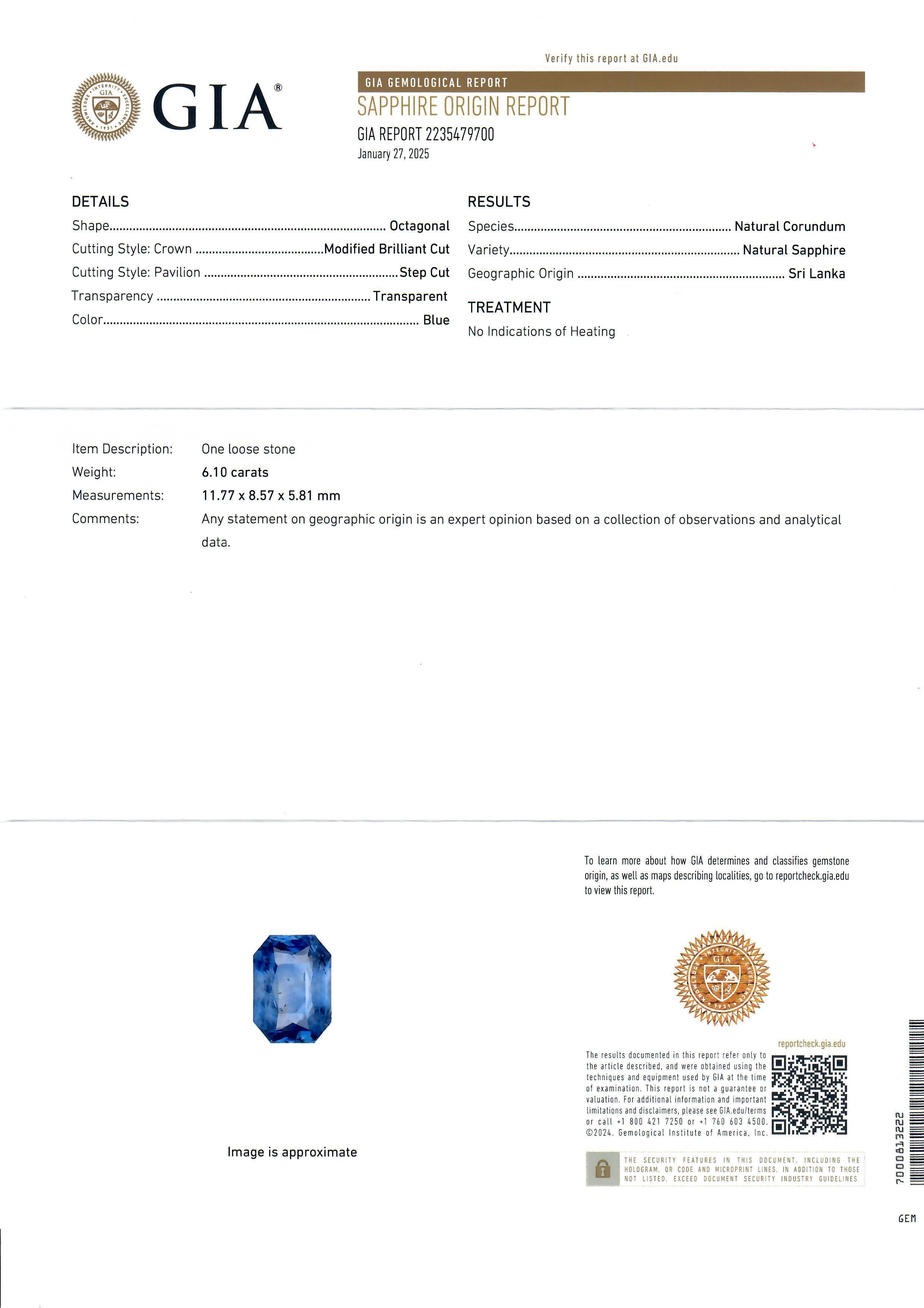 --Stone(s):--
(1) Natural Genuine Sapphire - Emerald Cut - Collect Claw Prong Set - Blue Color - No Heat - Ceylon - 6.10ct (Exact-certified)
** See Certification Details Below for Complete Info **

Material: Solid 18k Yellow Gold w/ Silver