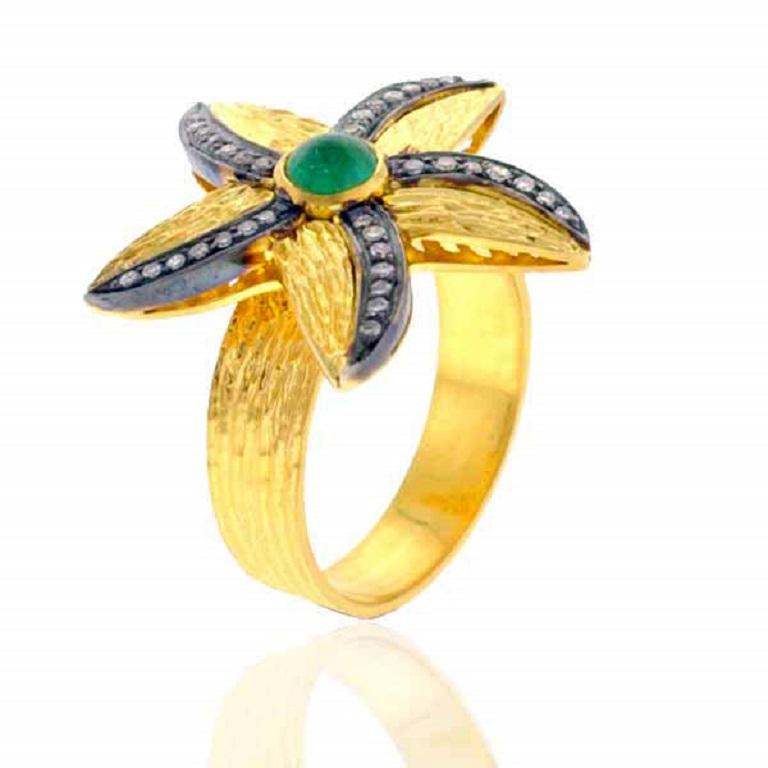 Art Nouveau 18k Gold & Silver Starfish Shaped Ring Accented With Emerald & Black Diamonds For Sale
