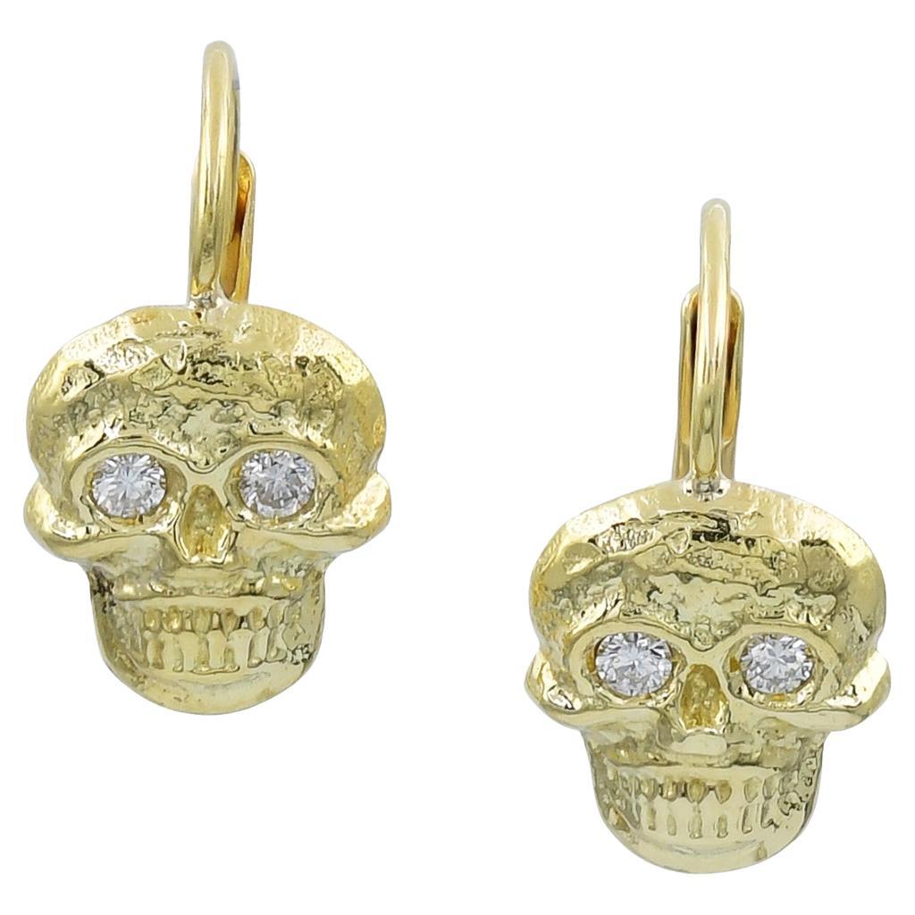 18k Yellow Gold Skull Motif Earrings with Diamonds For Sale