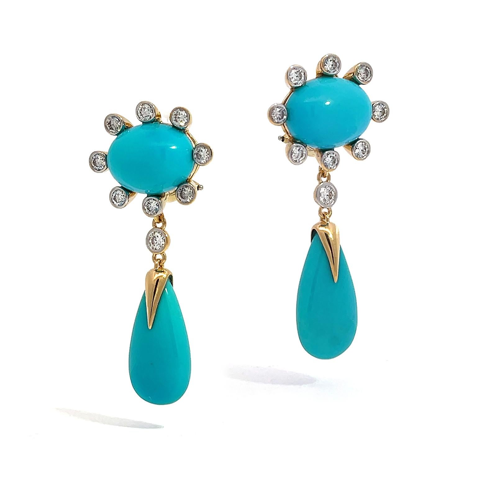 The smooth blue-green saturation of cherished Sleeping Beauty turquoise is highlighted by diamonds for these drop earrings. An oval shape begins the design, graced by a halo of bezel-set brilliant-cut diamonds. An 18k yellow gold link leads to an