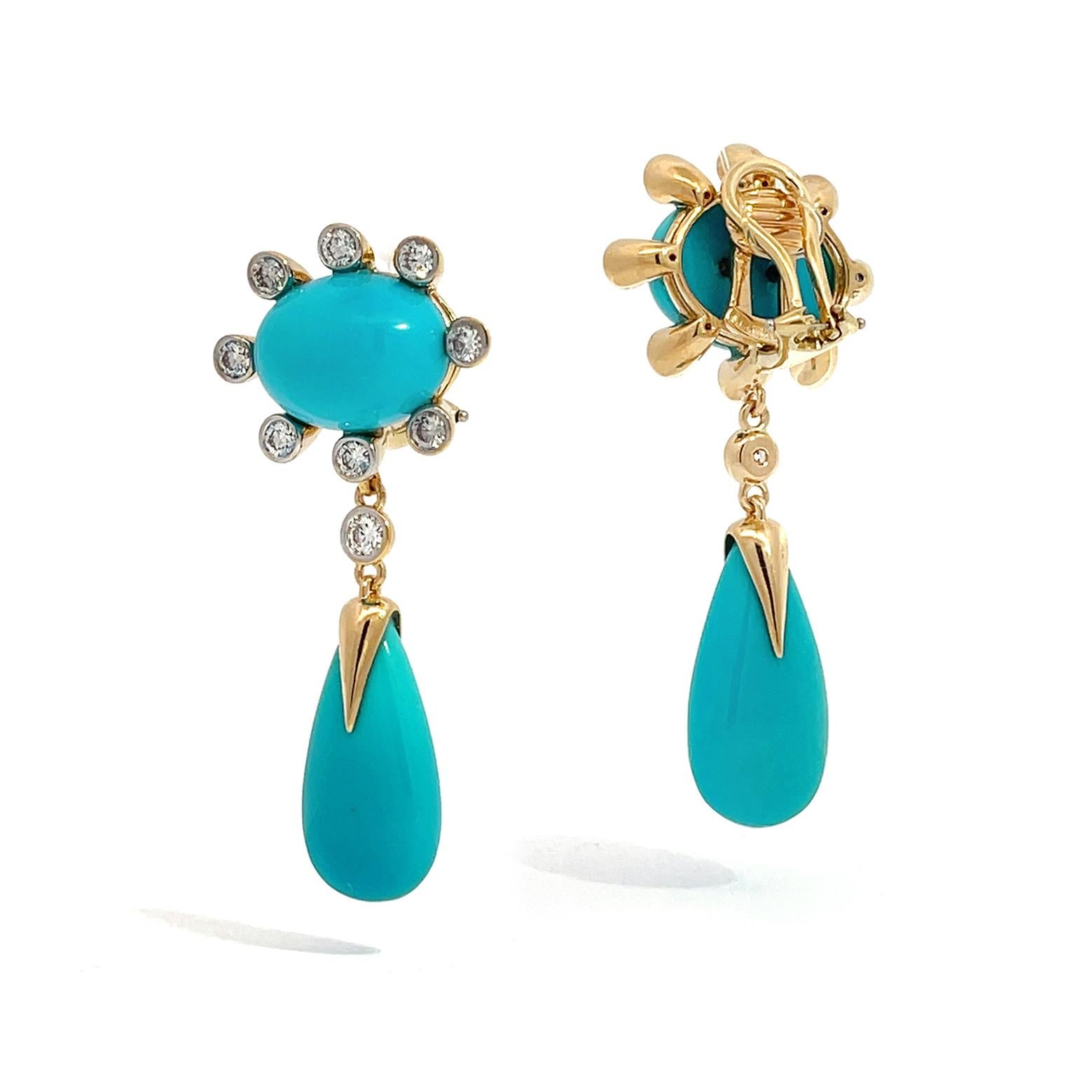 Oval Cut 18K Yellow Gold Sleeping Beauty Turquoise and Diamond Drop Earrings For Sale