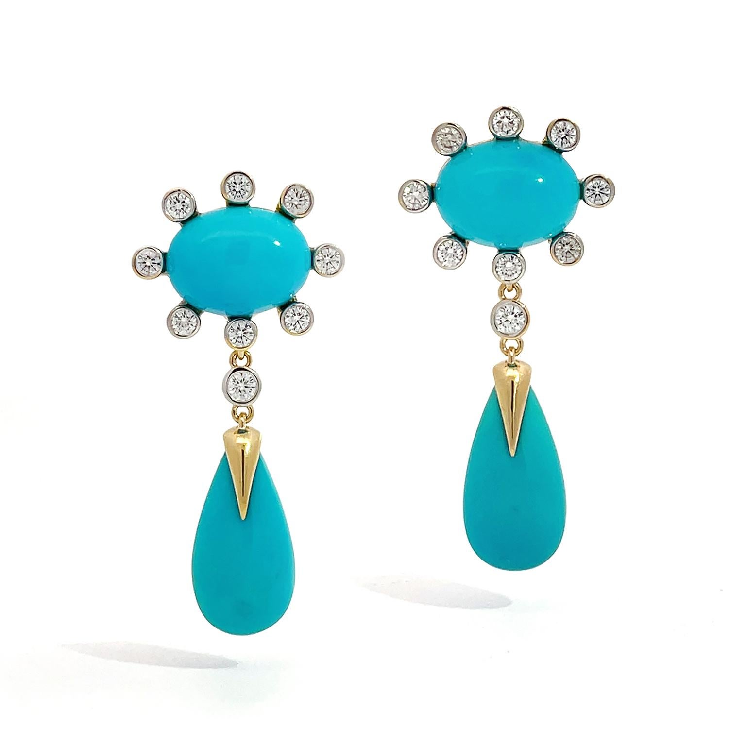 18K Yellow Gold Sleeping Beauty Turquoise and Diamond Drop Earrings In New Condition For Sale In New York, NY