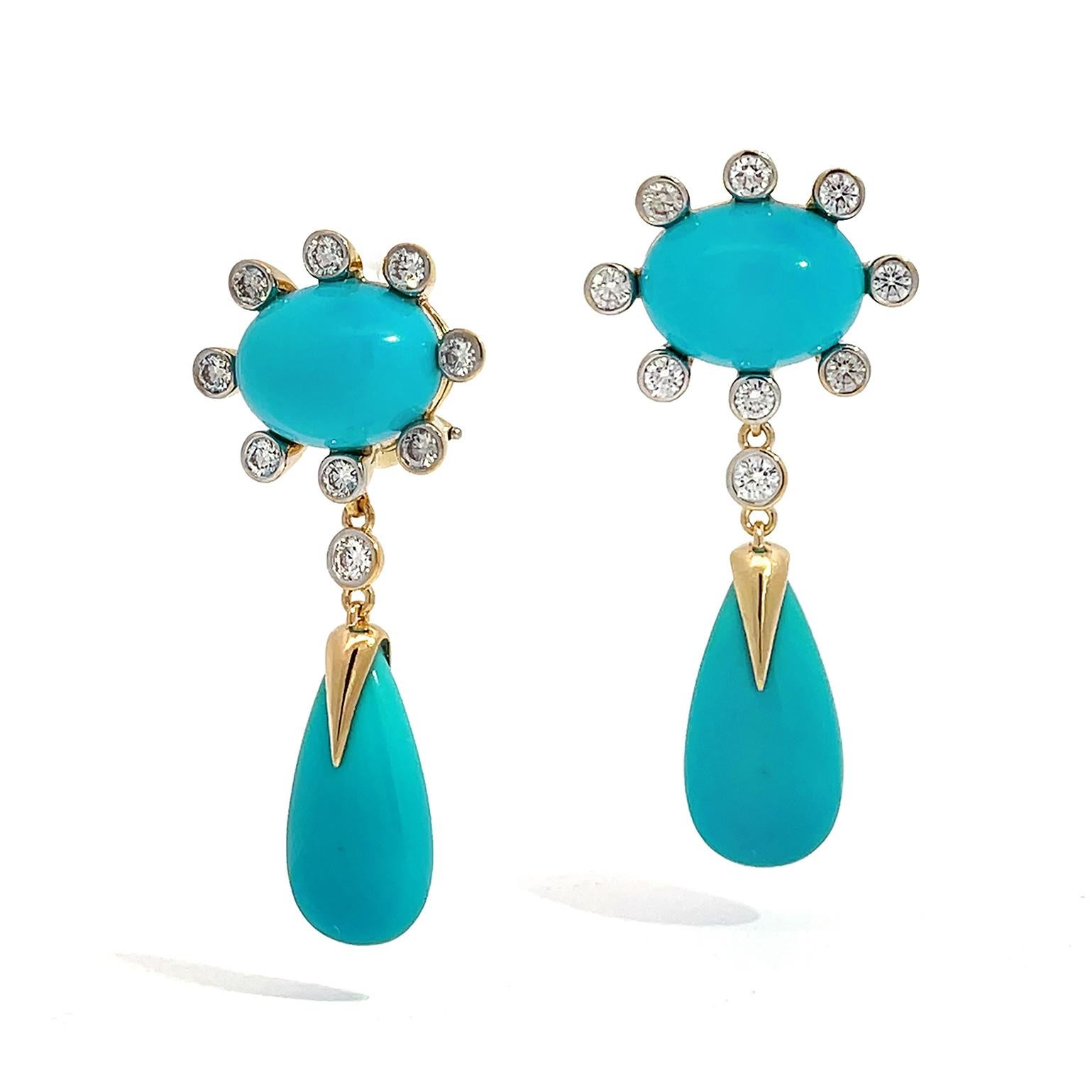 Women's or Men's 18K Yellow Gold Sleeping Beauty Turquoise and Diamond Drop Earrings For Sale
