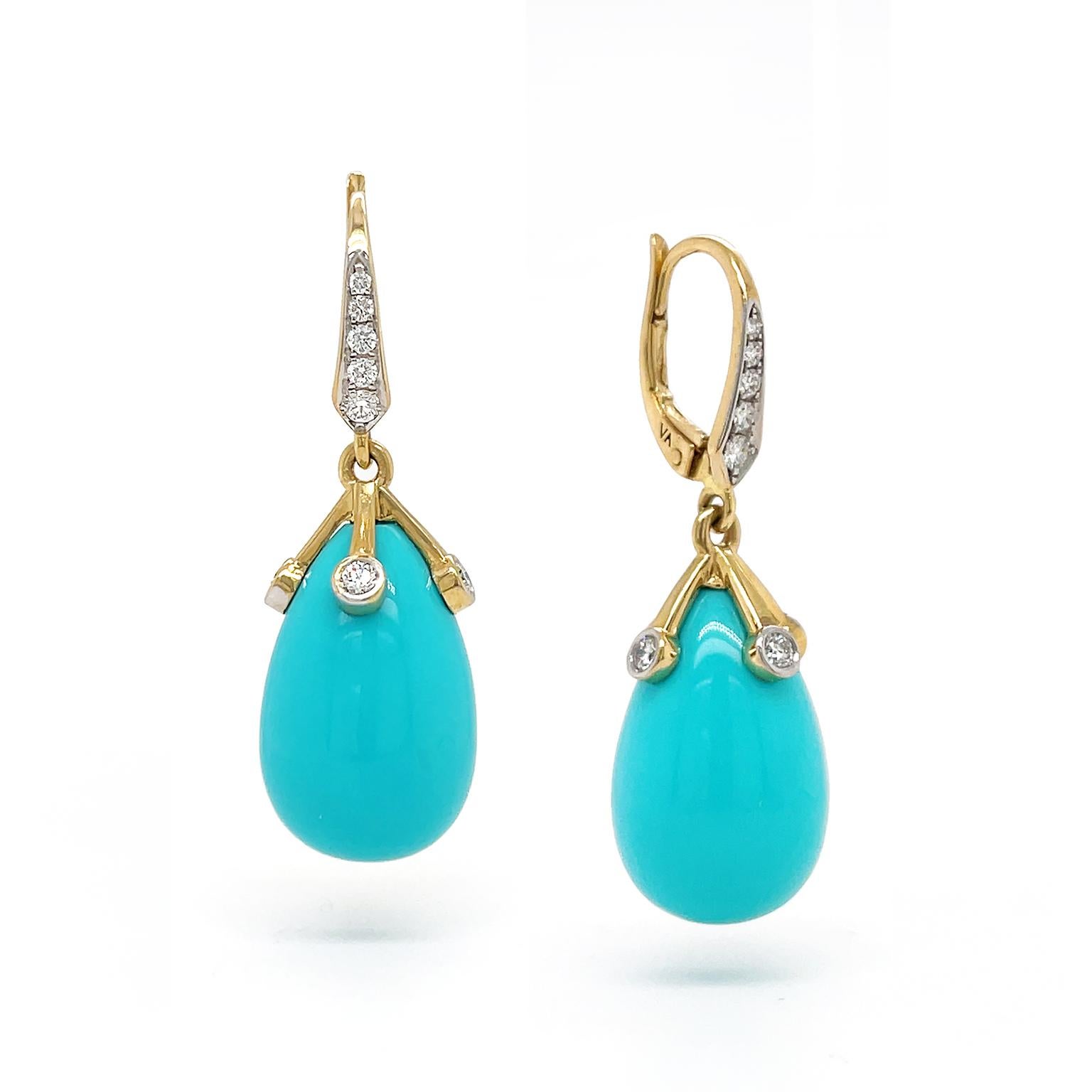 Pendientes de palanca de oro amarillo de 18 quilates de la Bella Durmiente de turquesa y diamantes en Nuevo estado para la venta en New York, NY