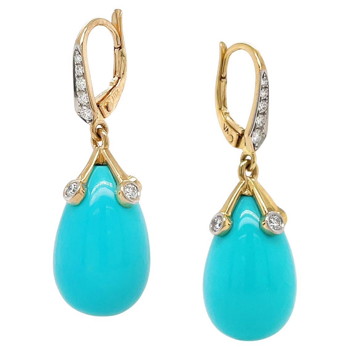 Pendientes de palanca de oro amarillo de 18 quilates de la Bella Durmiente de turquesa y diamantes en venta