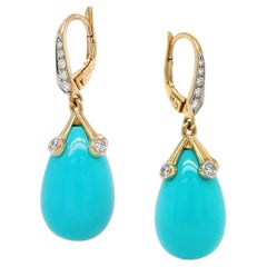 Boucles d'oreilles dormeuses en or jaune 18 carats avec turquoise et diamants