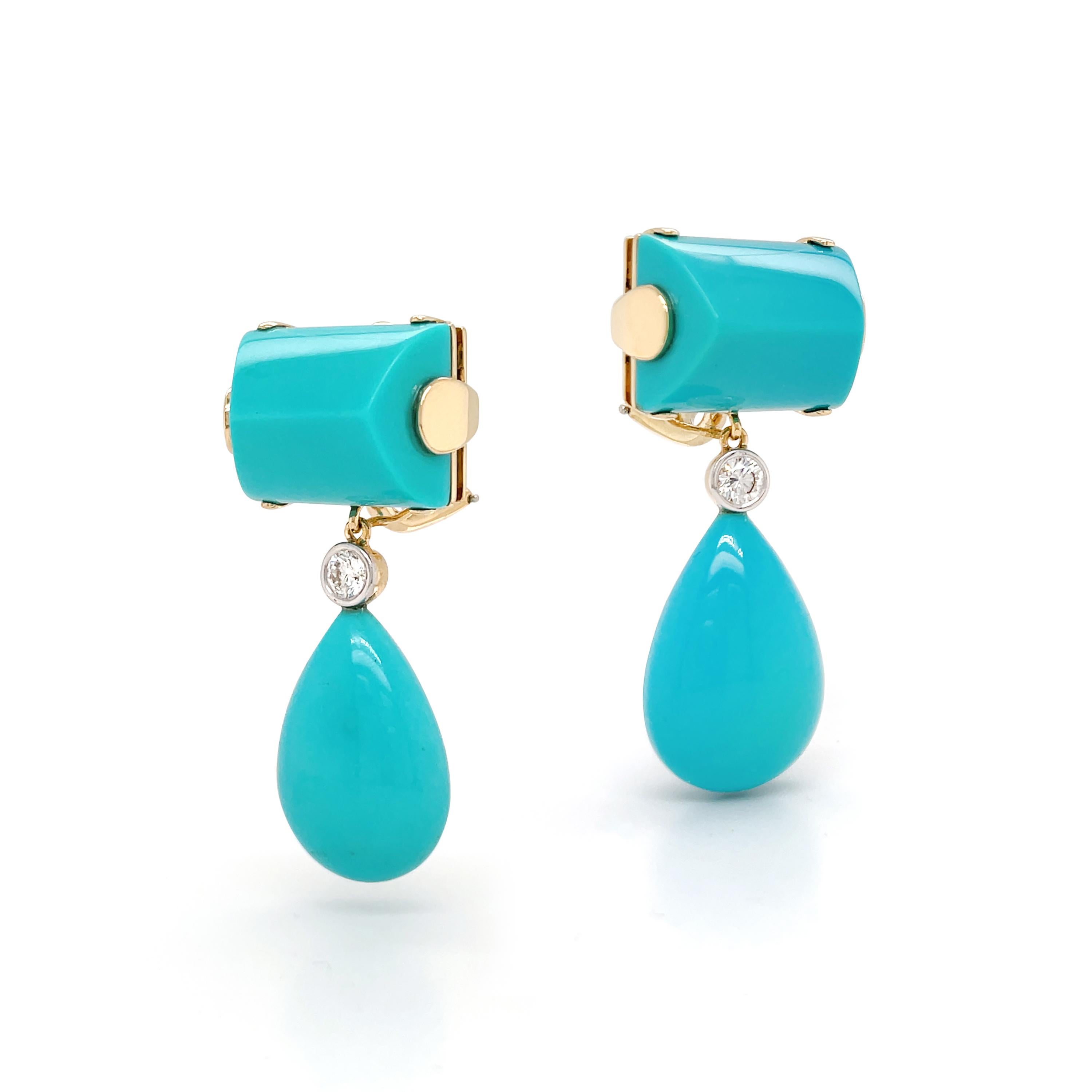 Cherished Sleeping Beauty turquoise is the focus of these drop earrings. A special-cut Sleeping Beauty turquoise in a rectangular silhouette is secured by flat 18k yellow gold prongs on the side. Suspending is a drop gemstone with a bezel set