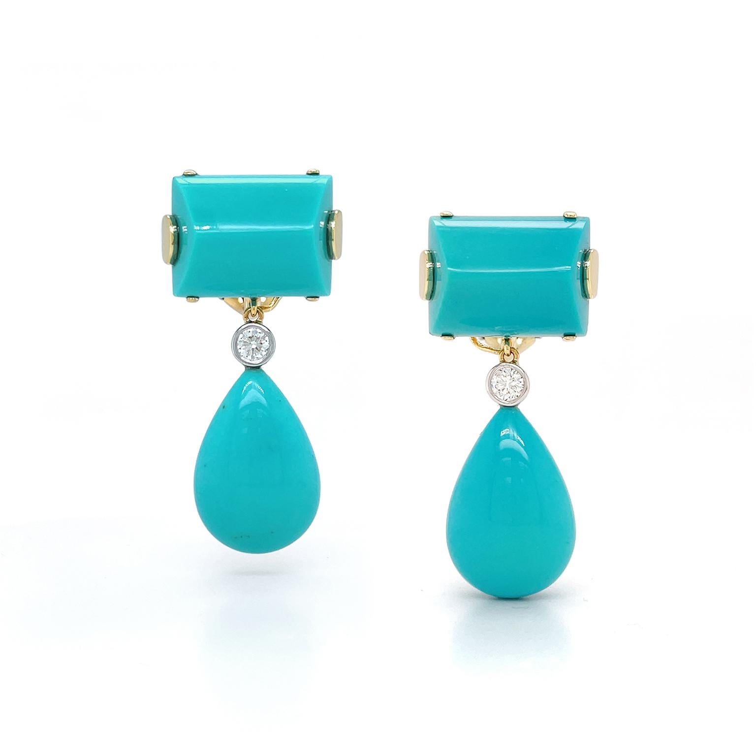 Mixed Cut 18K Yellow Gold Sleeping Beauty Turquoise Diamond Bezel Drop Earrings For Sale