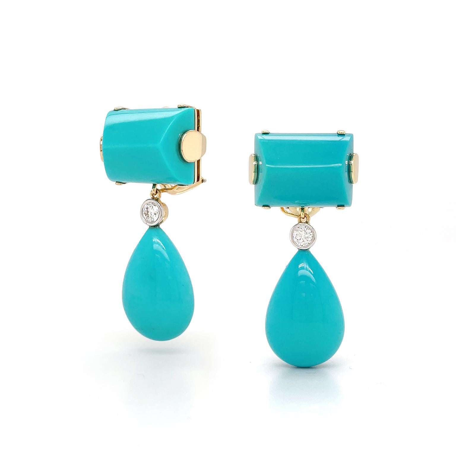 18K Yellow Gold Sleeping Beauty Turquoise Diamond Bezel Drop Earrings In New Condition For Sale In New York, NY