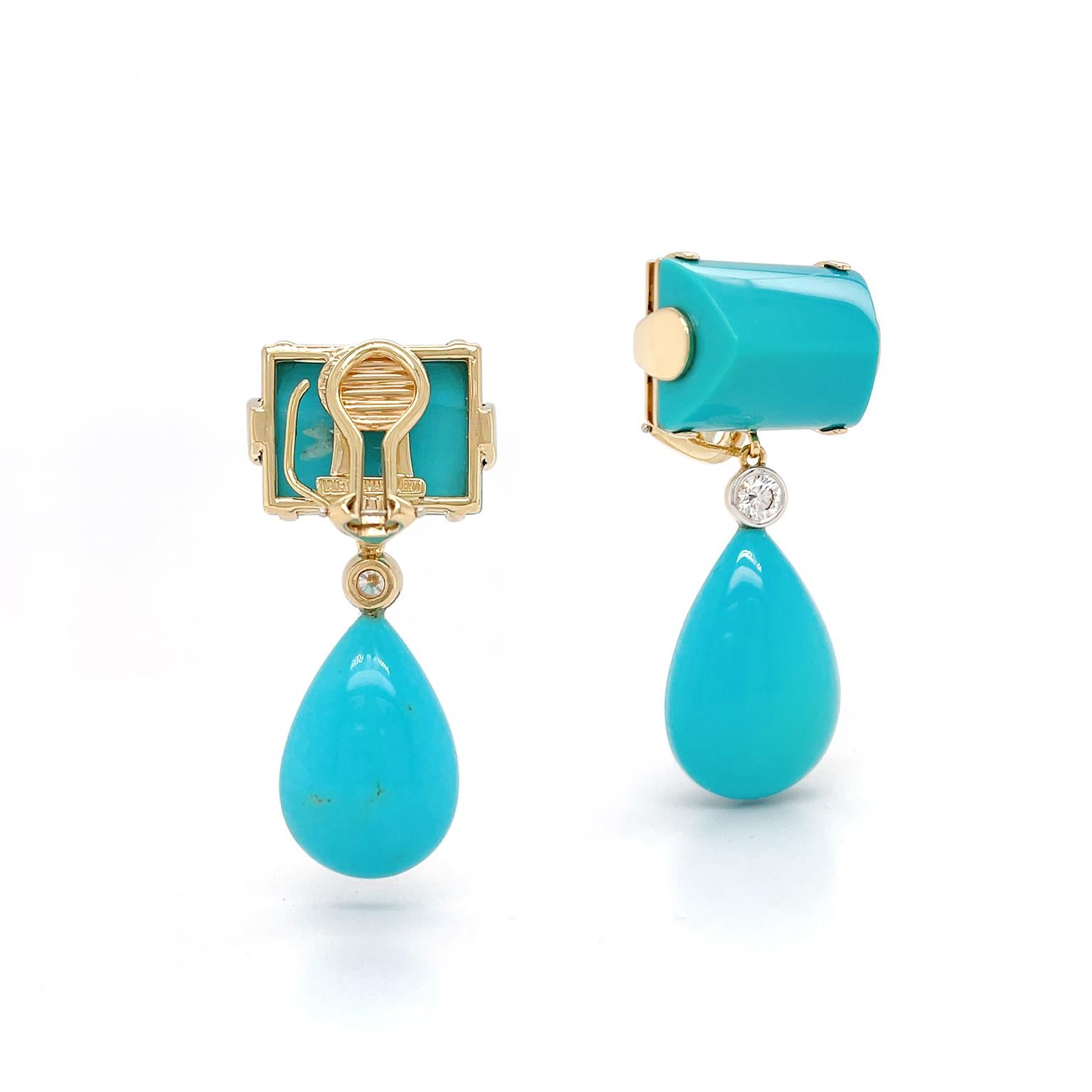 Women's 18K Yellow Gold Sleeping Beauty Turquoise Diamond Bezel Drop Earrings For Sale