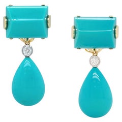 18K Yellow Gold Sleeping Beauty Turquoise Diamond Bezel Drop Earrings