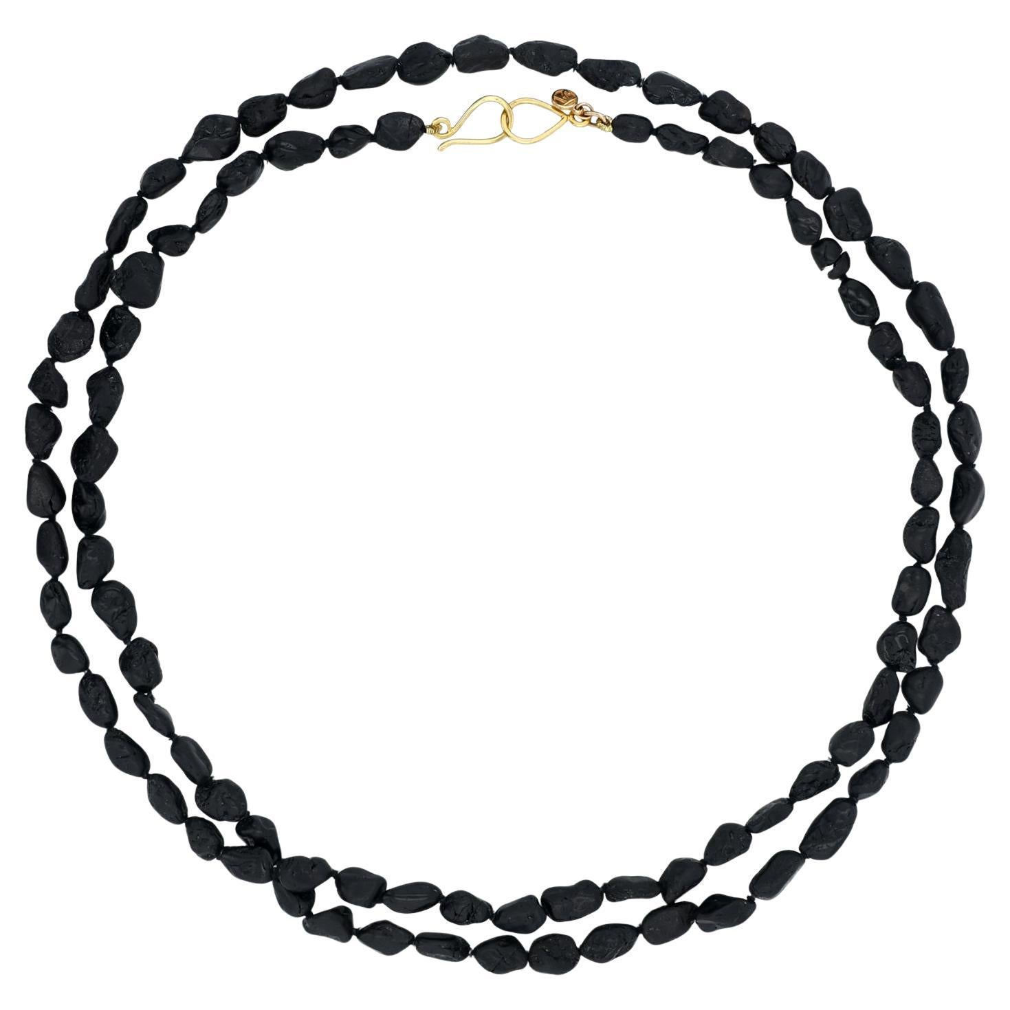 18K Yellow Gold Small Black Tourmaline Bead Necklace For Sale