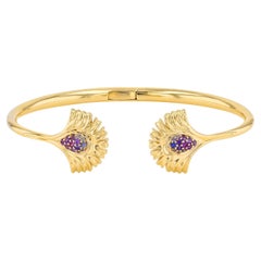 18k Yellow Gold Small Daffodil Pink Sapphire Rubies Hinged Bracelet