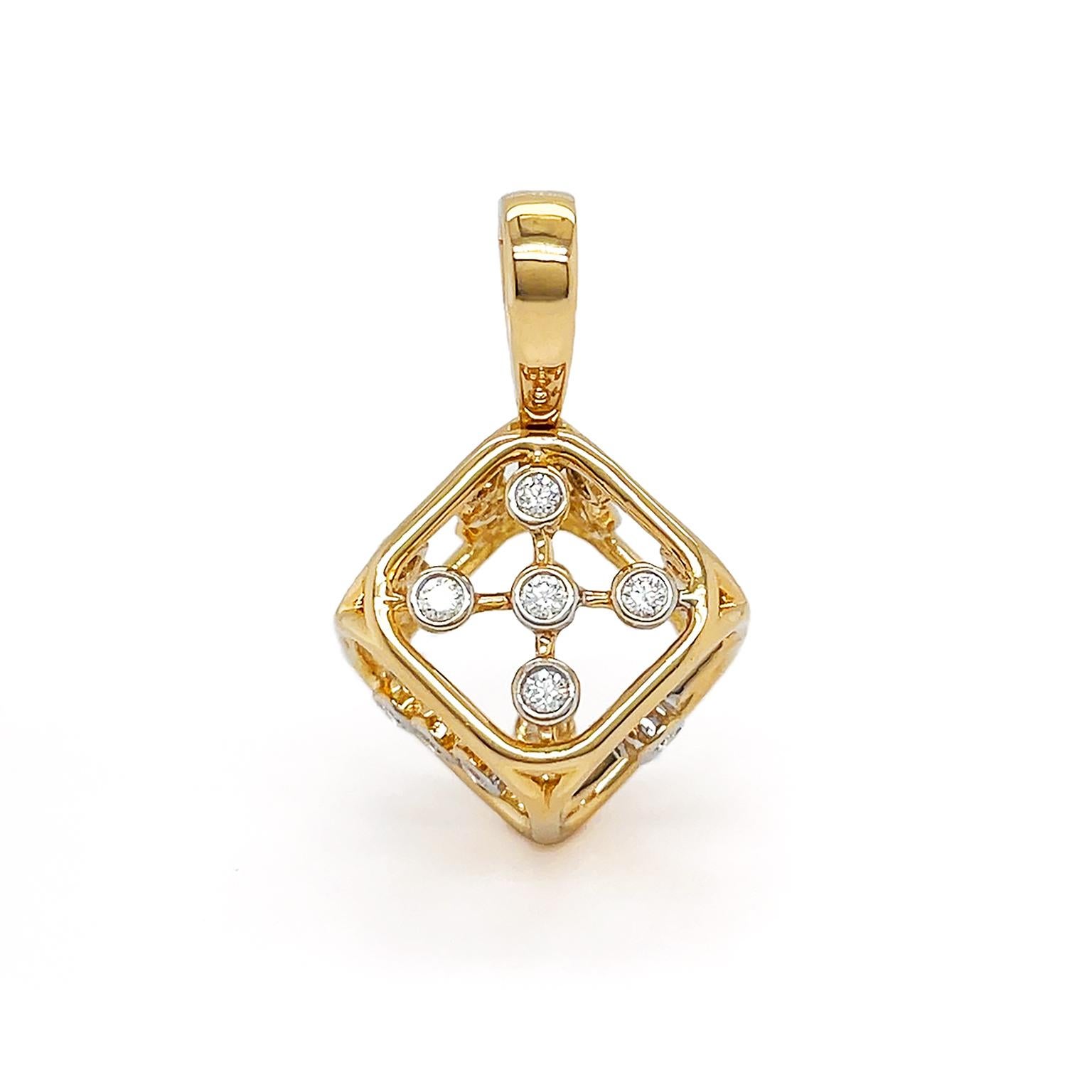 Brilliant Cut 18K Yellow Gold Small Dice Diamond Pendant For Sale