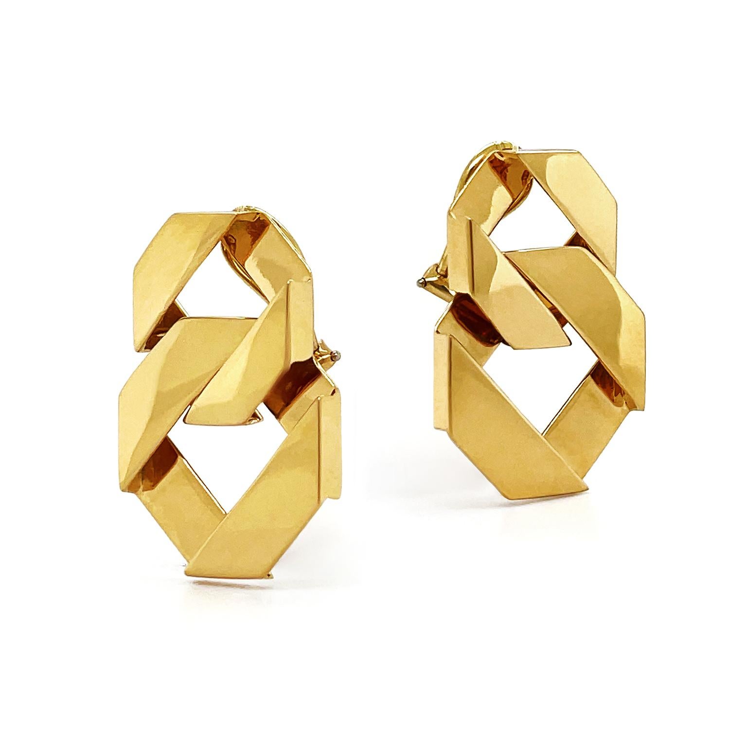 Women's or Men's 18K Yellow Gold Small Double Fold Over Earrings For Sale