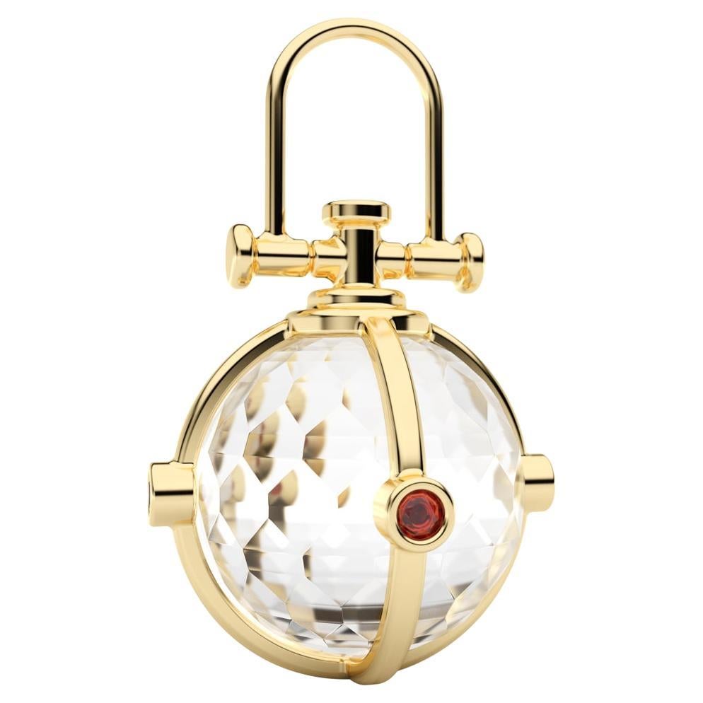 18k Yellow Gold Small Faceted Crystal Orb Talisman Pendant w/ Rock Crystal Ruby