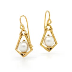 18K Yellow Gold Small Lantern Akoya Pearl French Wire Earrings