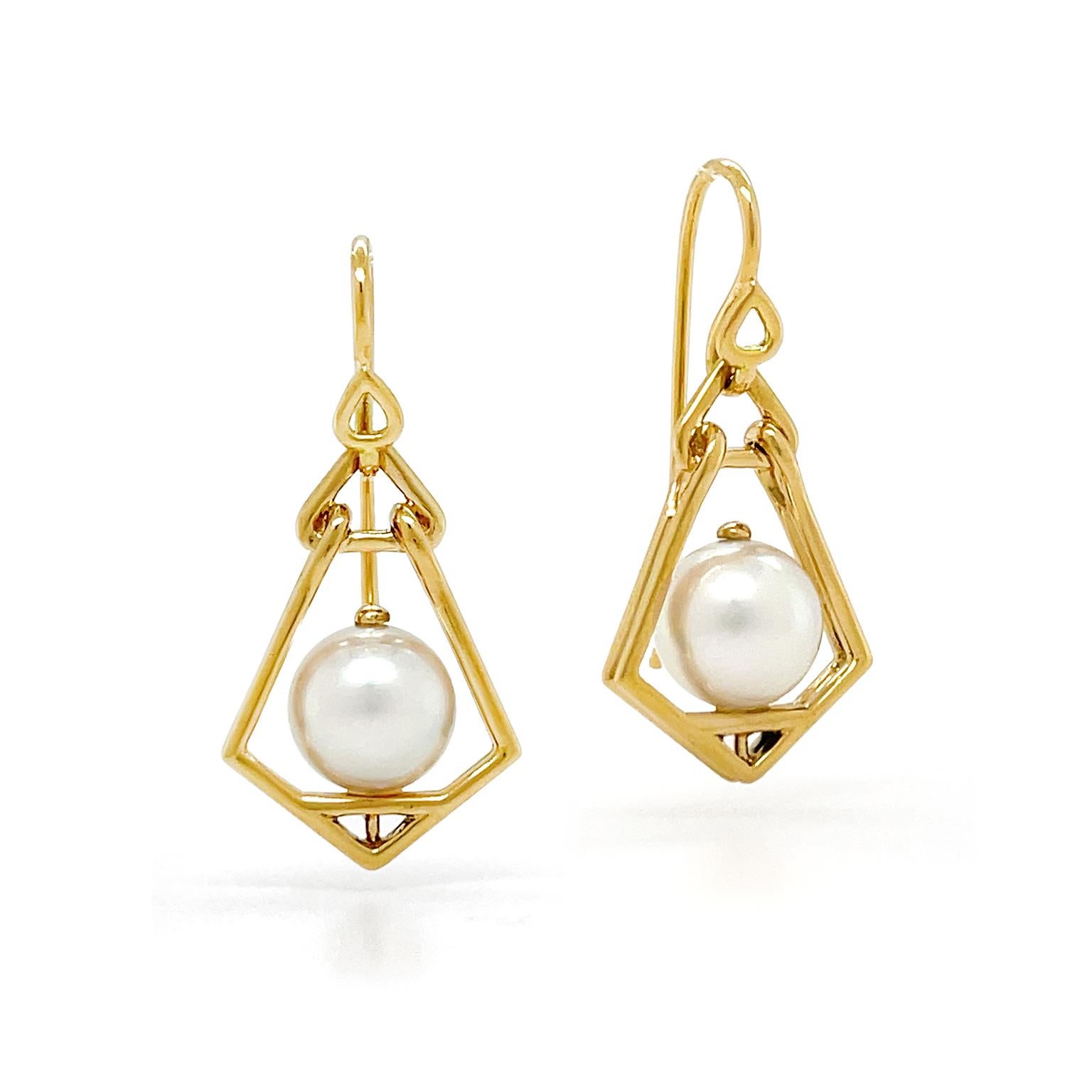 Uncut 18K Yellow Gold Small Lantern Akoya Pearl French Wire Earrings For Sale