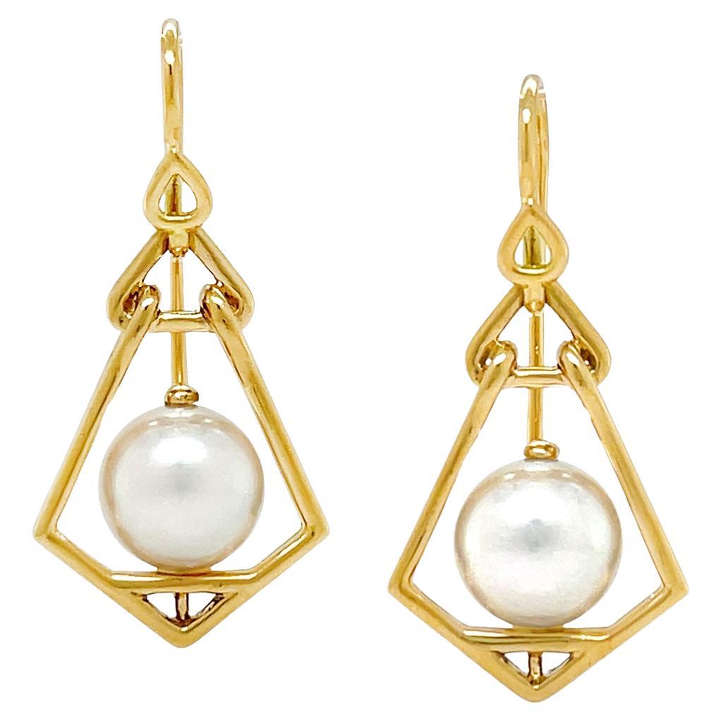 18K Yellow Gold Small Lantern Akoya Pearl French Wire Earrings