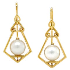 18K Yellow Gold Small Lantern Akoya Pearl French Wire Earrings