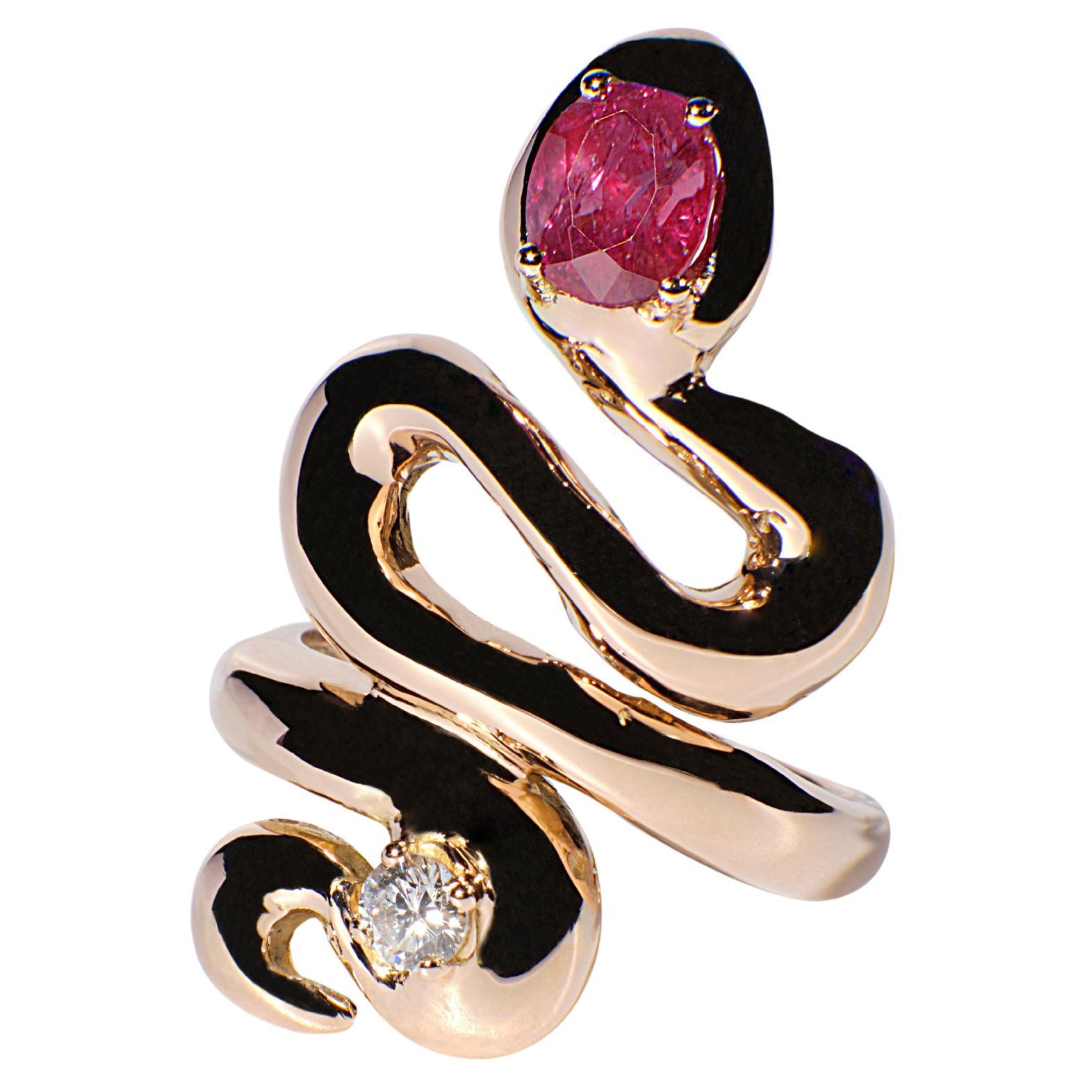 18K Yellow Gold Snake Bold Unisex Ring with Ruby Diamond Rossella Ugolini Design For Sale