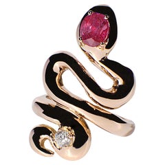18K Yellow Gold Snake Bold Unisex Ring with Ruby Diamond Rossella Ugolini Design