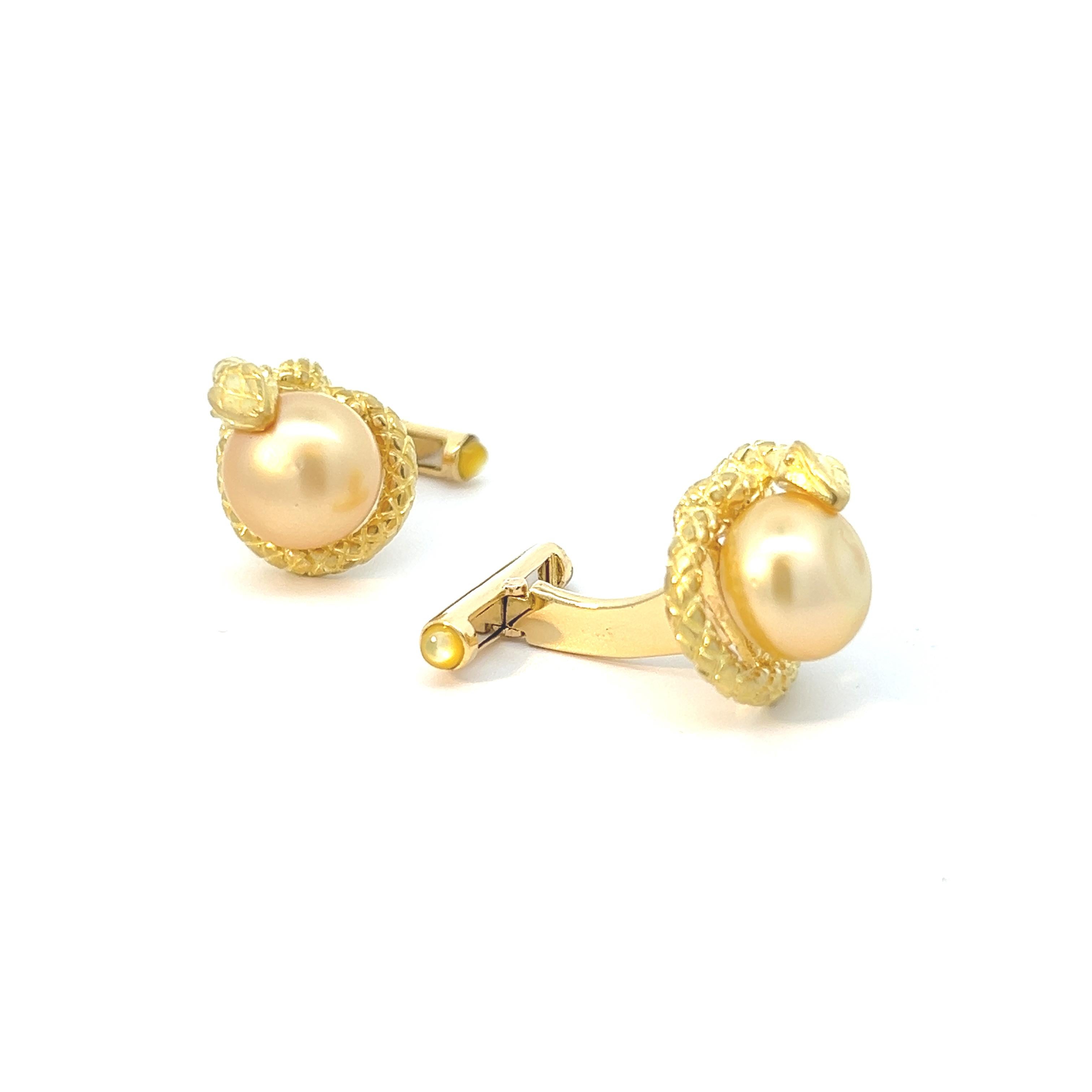18k Yellow Gold Snake Cufflinks Yellow South Sea Pearls  For Sale 1