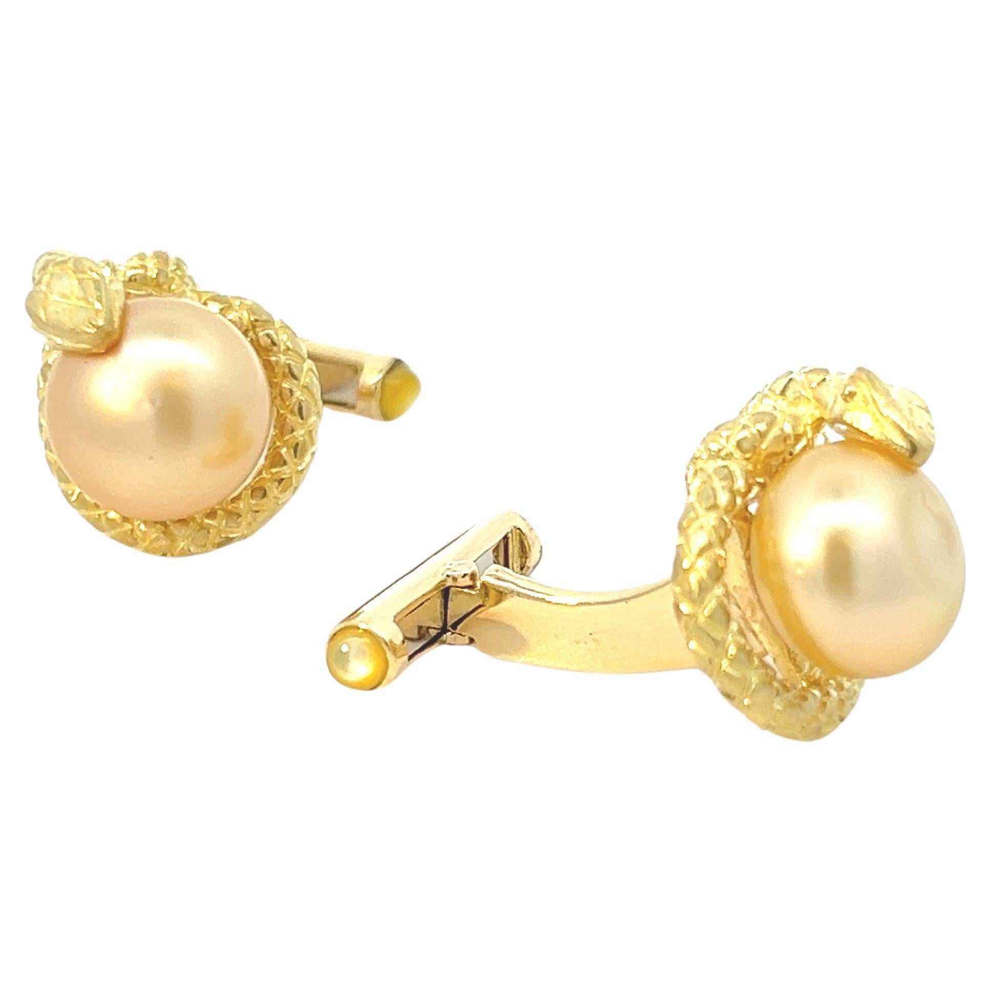 18k Yellow Gold Snake Cufflinks Yellow South Sea Pearls  For Sale